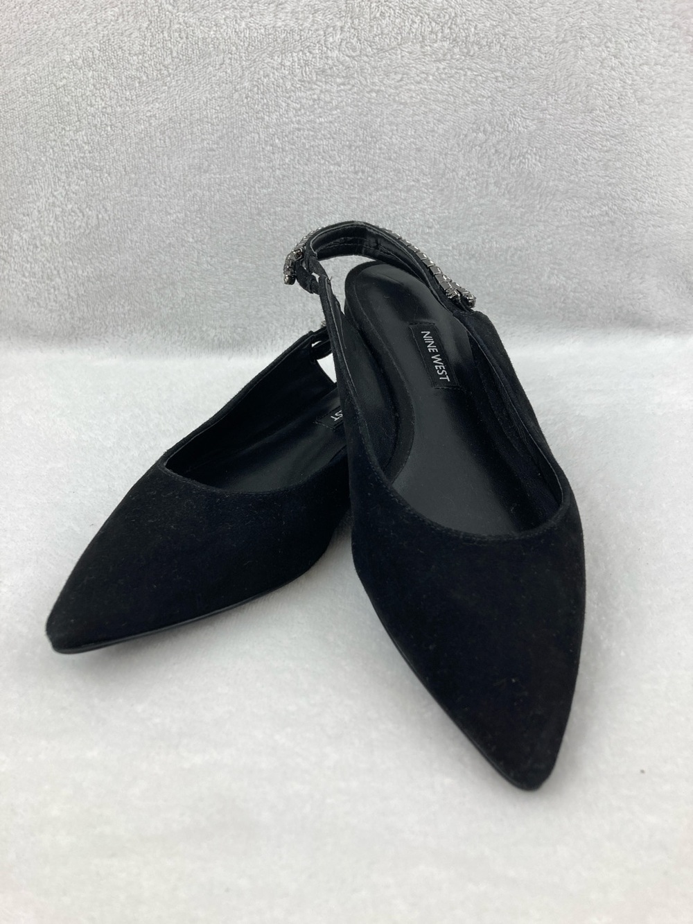 Nine West Angariah Black Suede Pointy Toe Rhinestone Slingback Flats sz 7